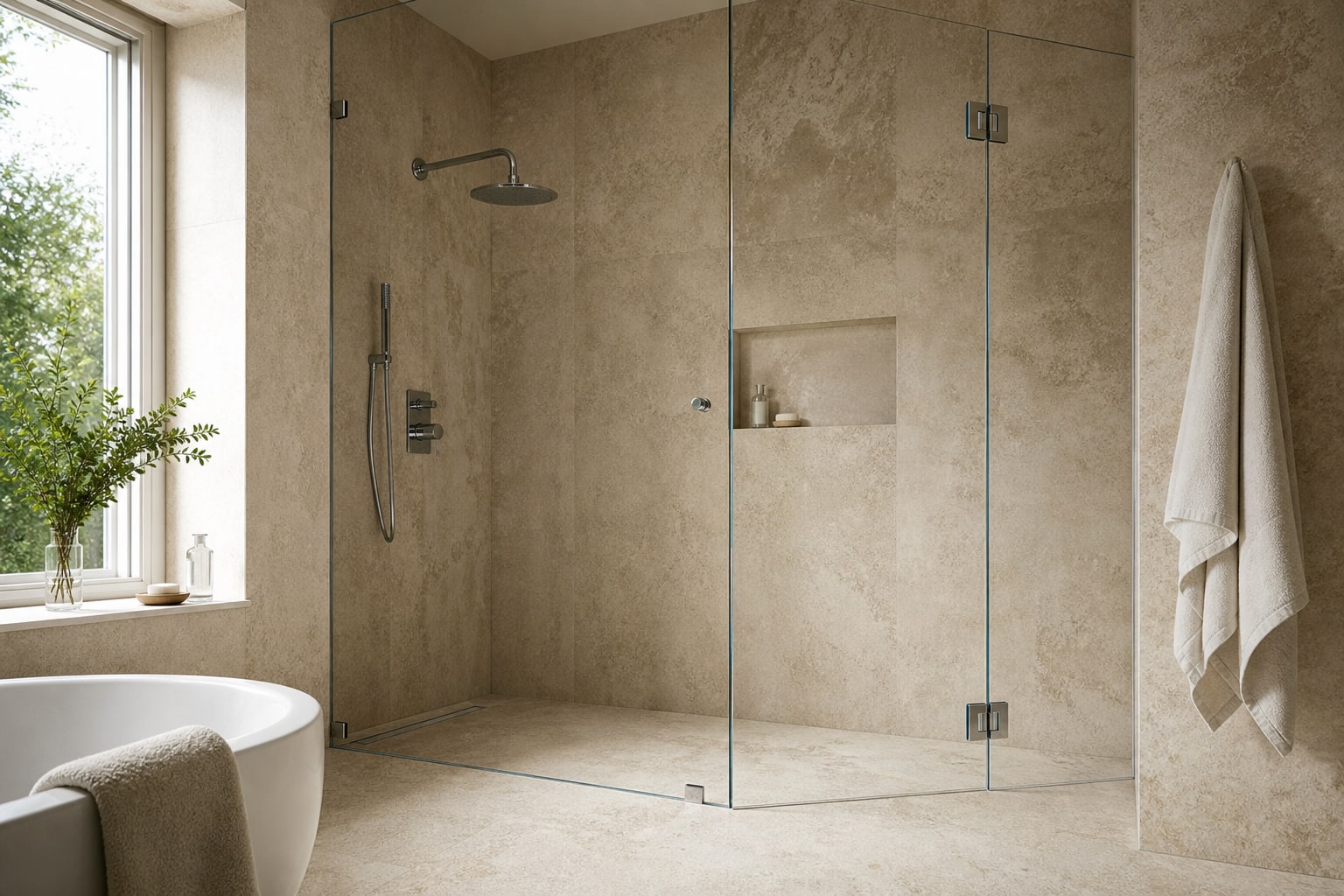 Frameless shower screen in a premium Hertfordshire bathroom