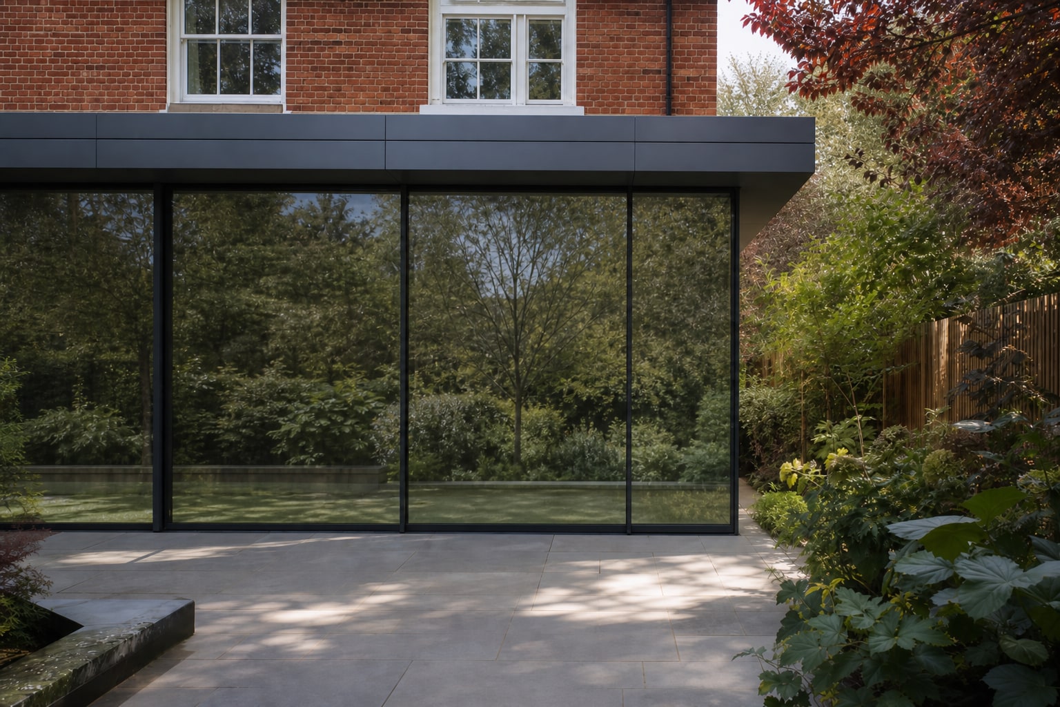 Closed glazing panels reflecting the garden