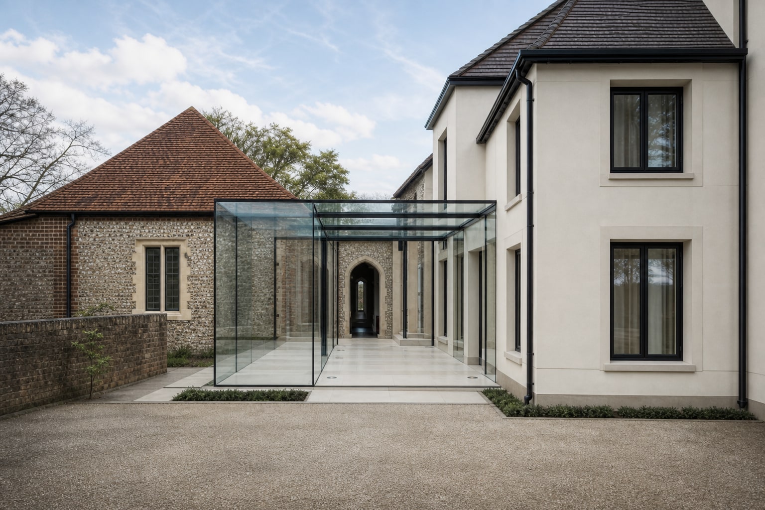 Wide exterior of the glass link between buildings