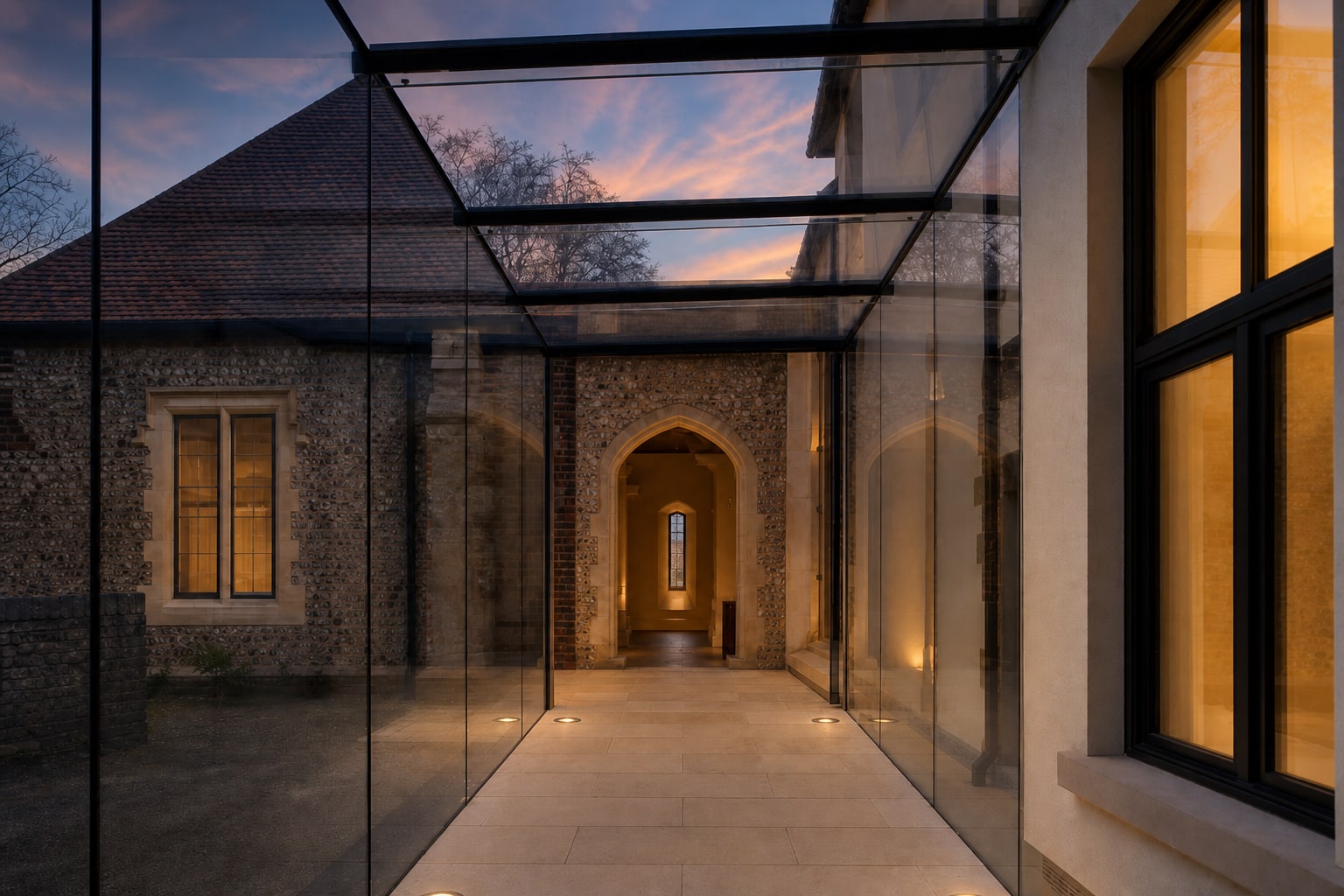 Dusk light through the Bishop's Stortford glass link