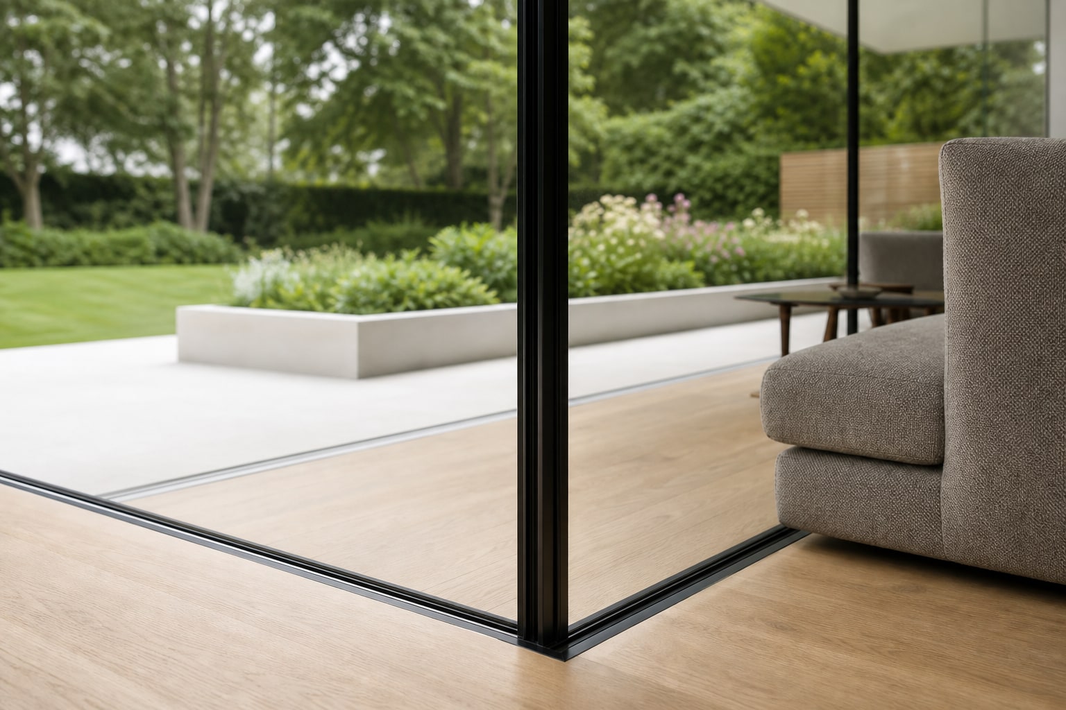 Slim black mullion and glass corner joint detail