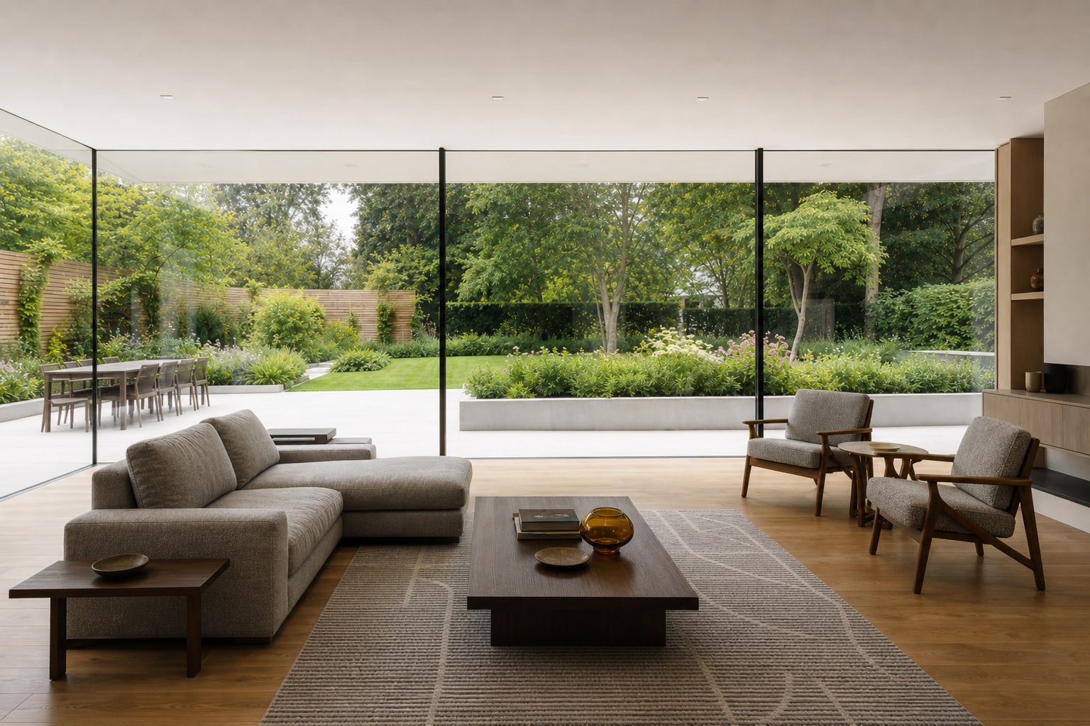 Wide living room with structural glass overlooking the garden