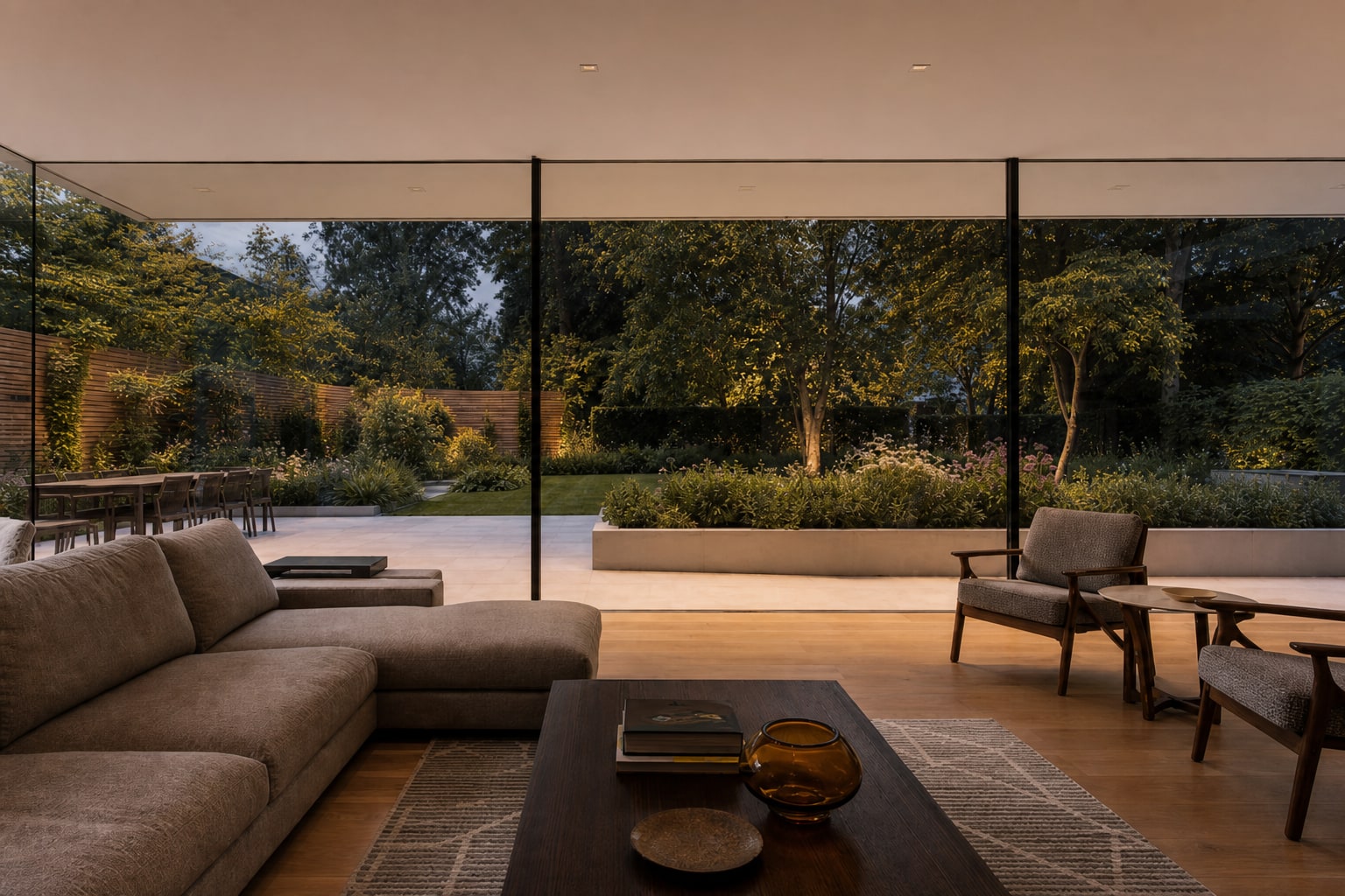 Dusk glow through the Harpenden structural glass wall