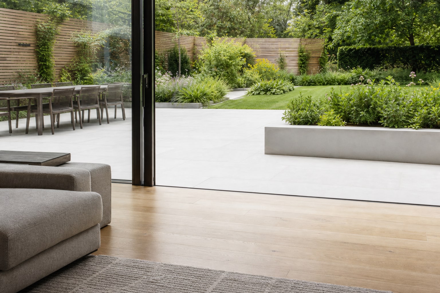 Flush threshold from timber floor to stone patio
