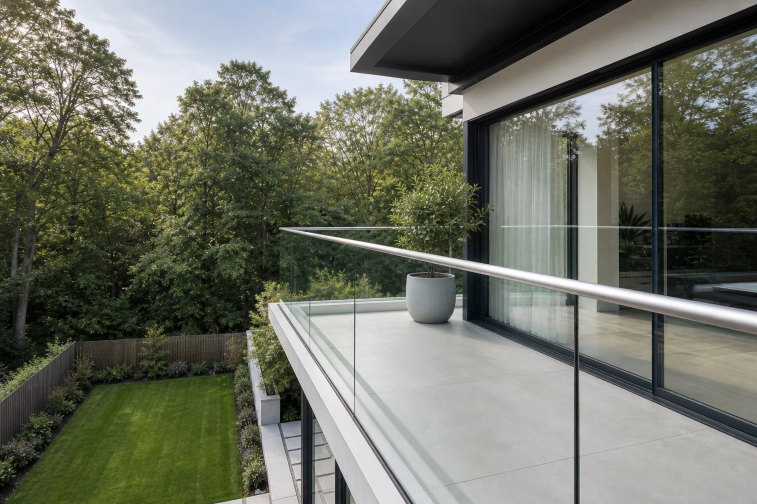 View along the glass balcony elevation