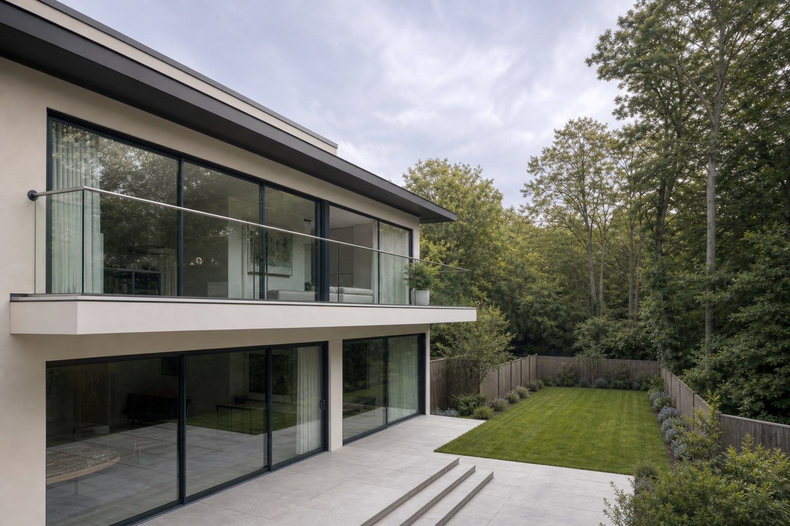 Wide exterior of the Hatfield glass balcony