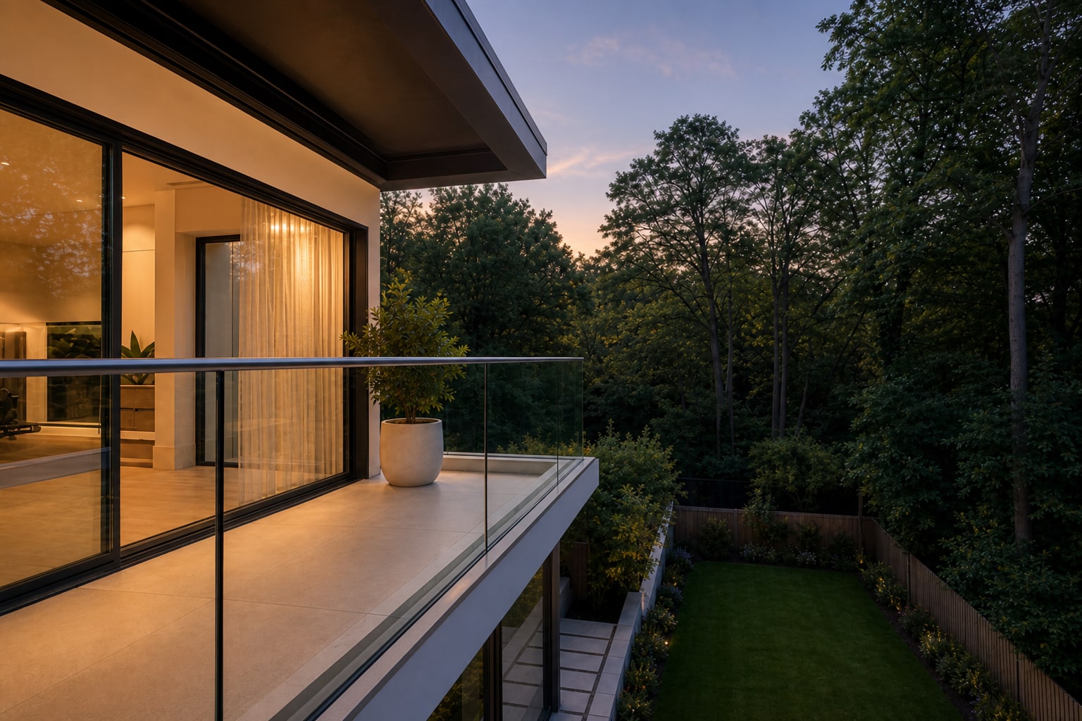 Evening light on the Hatfield glass balcony