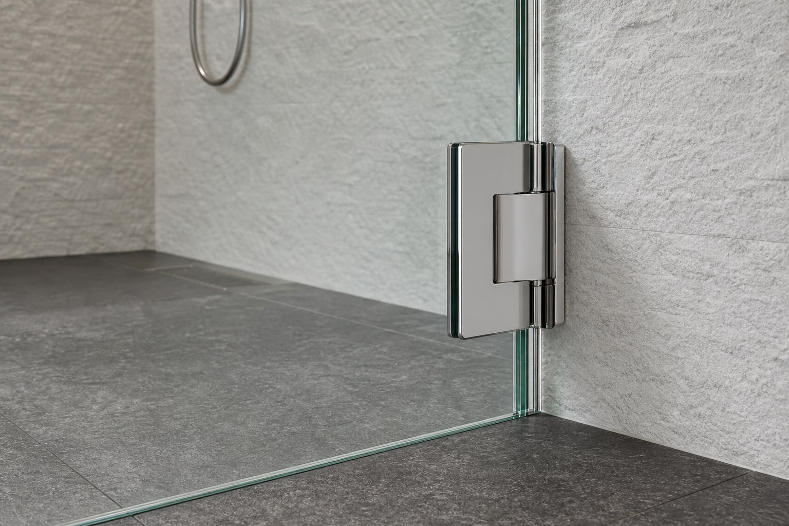 Chrome hinge and glass edge detail