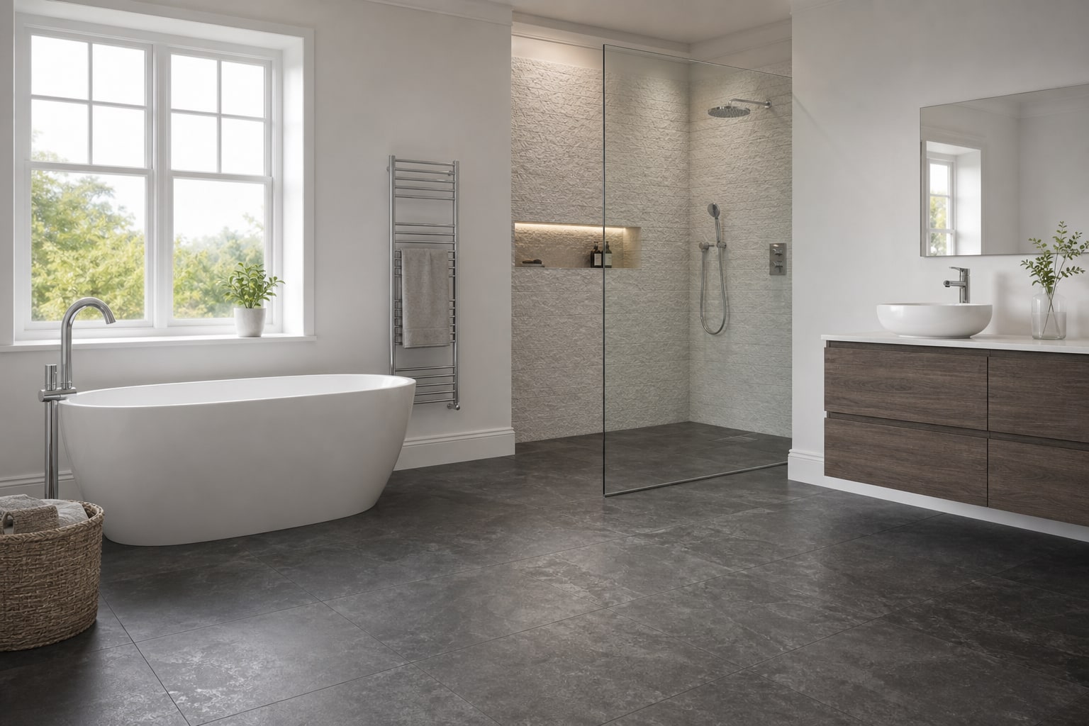 Wide bathroom view with the frameless shower screen