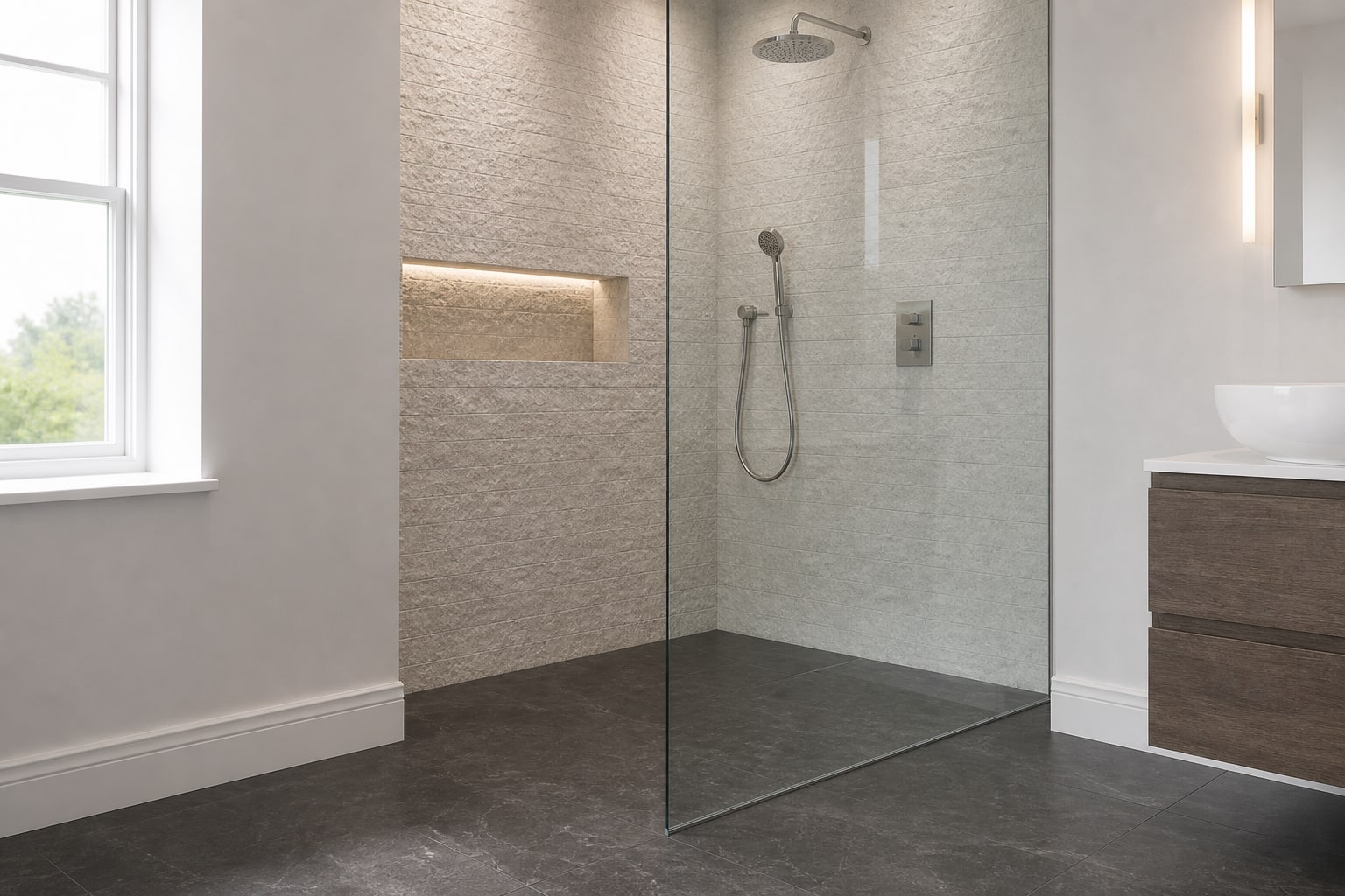 Clear shower glass panel with soft reflections