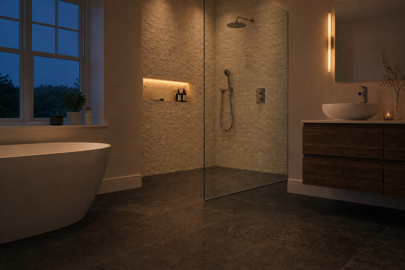 Warm evening lighting on the shower screen