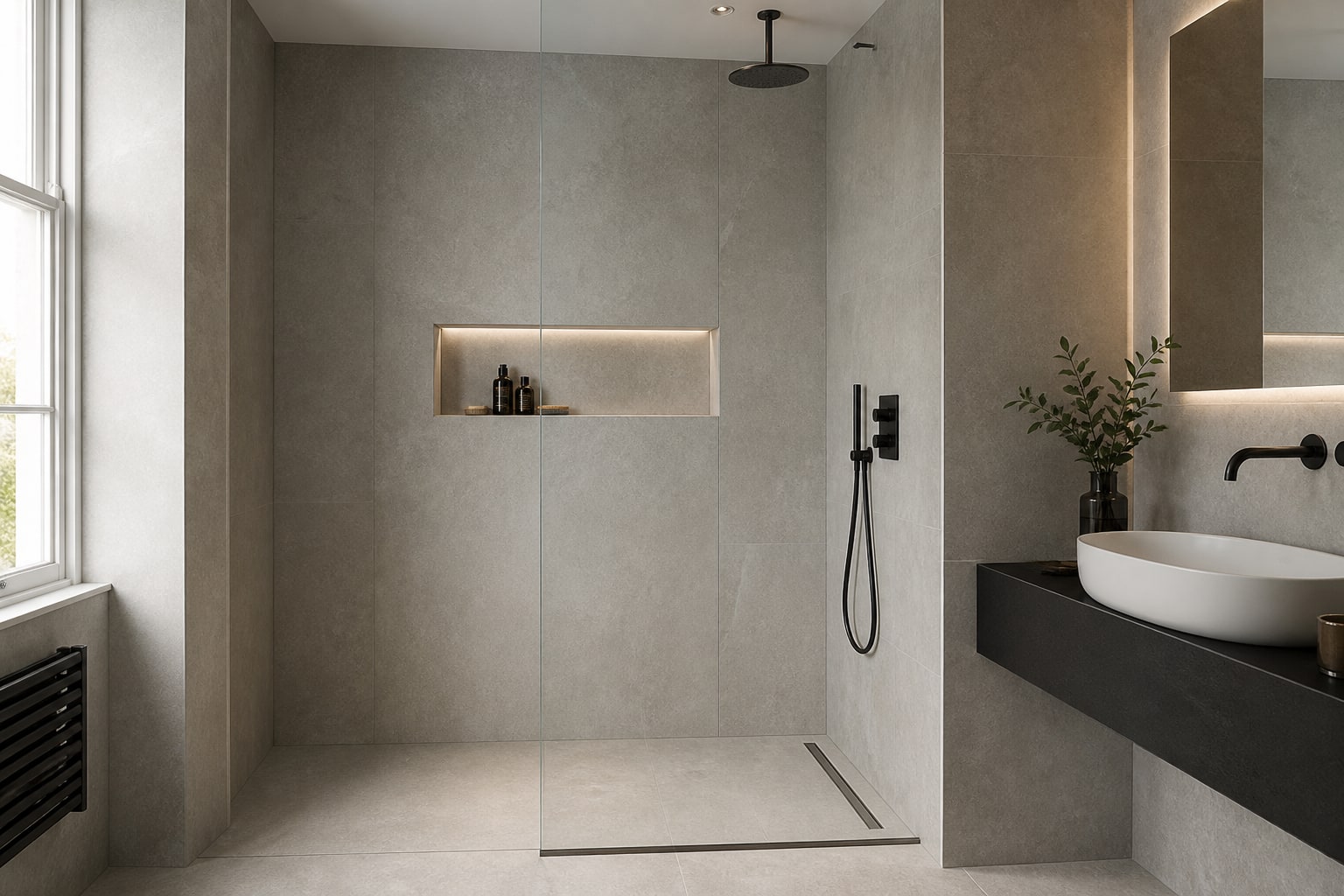 Frameless wet-room shower panel in Hitchin