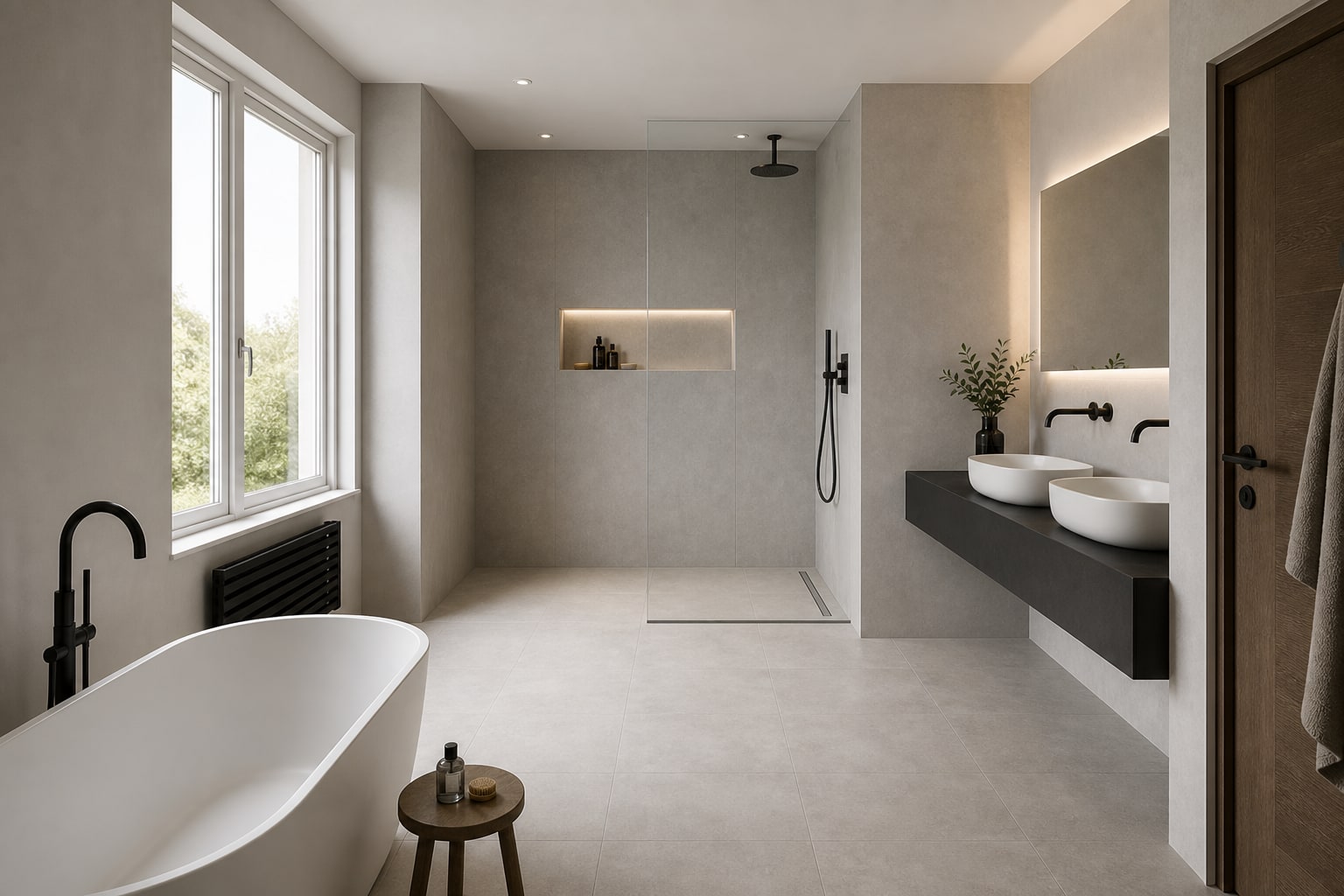Wide Hitchin bathroom with frameless glass panel