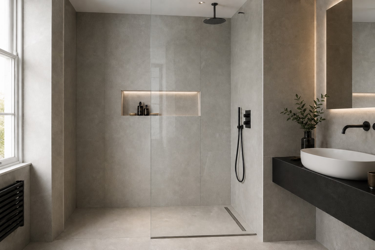 Clear wet-room glass with soft reflections