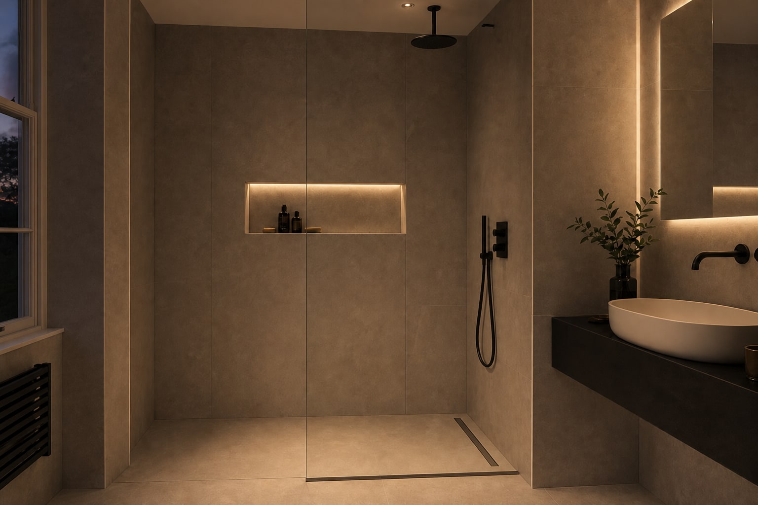 Evening bathroom lighting on the shower glass