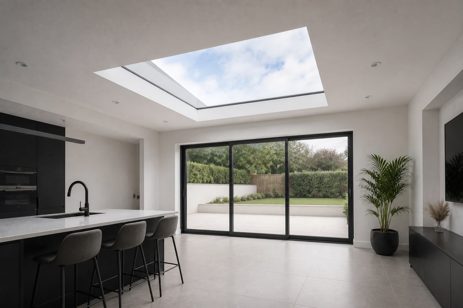 Wide interior establishing the skylight installation
