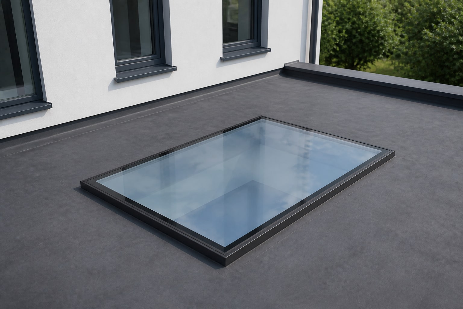 Exterior roof view of the flat glass rooflight