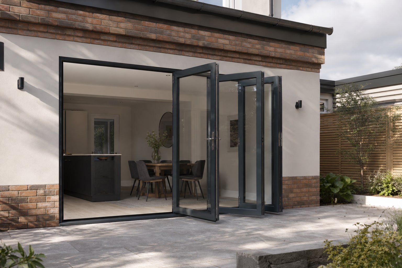 Anthracite bi-fold doors opening a St Albans living extension to the garden