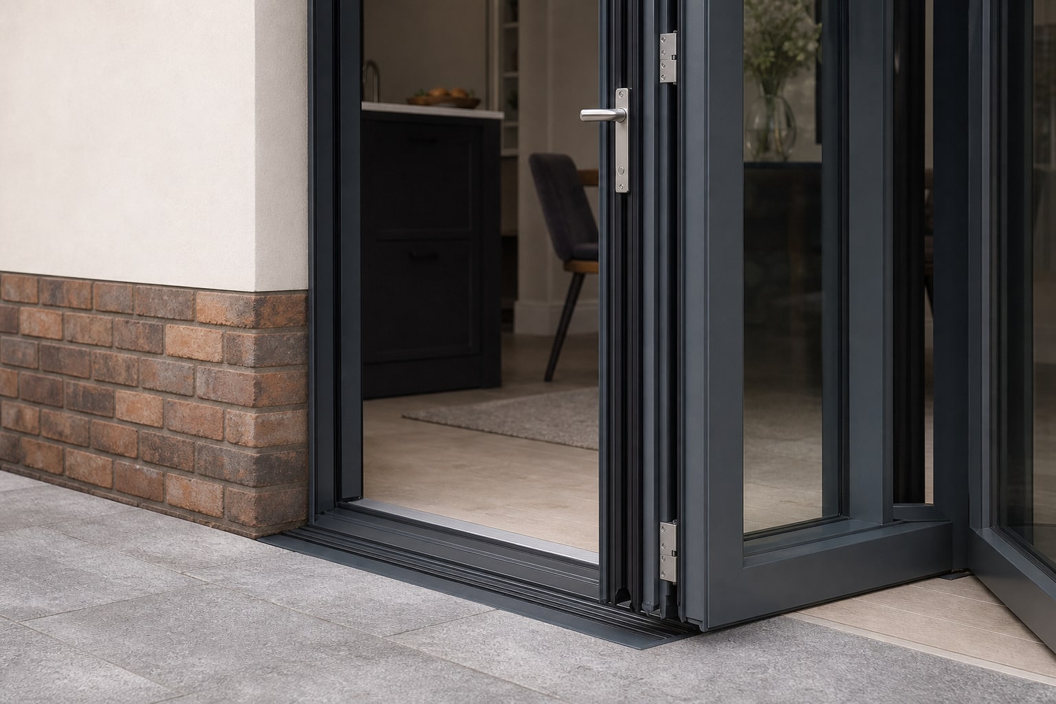 Close-up of anthracite bi-fold hinge and handle detail