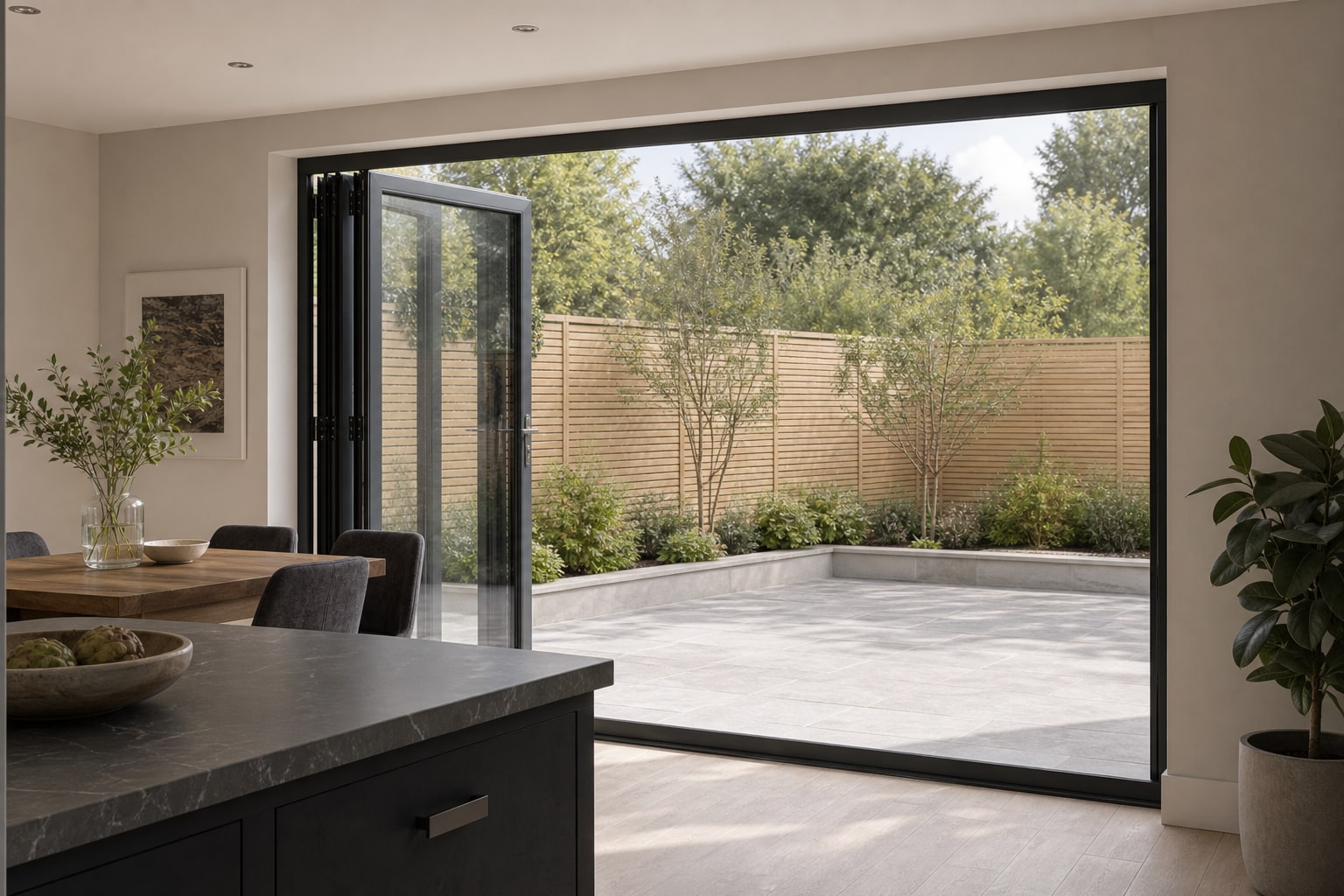 Interior view looking out through open bi-fold doors to the patio