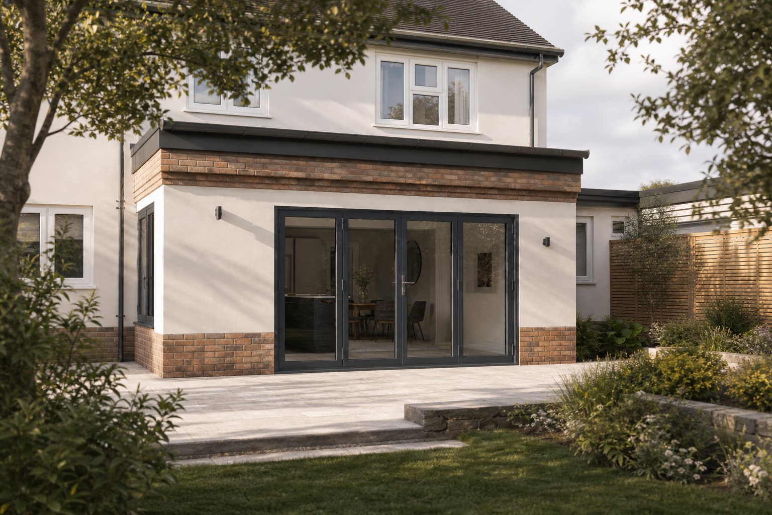 Wide exterior of the St Albans extension with bi-fold doors closed