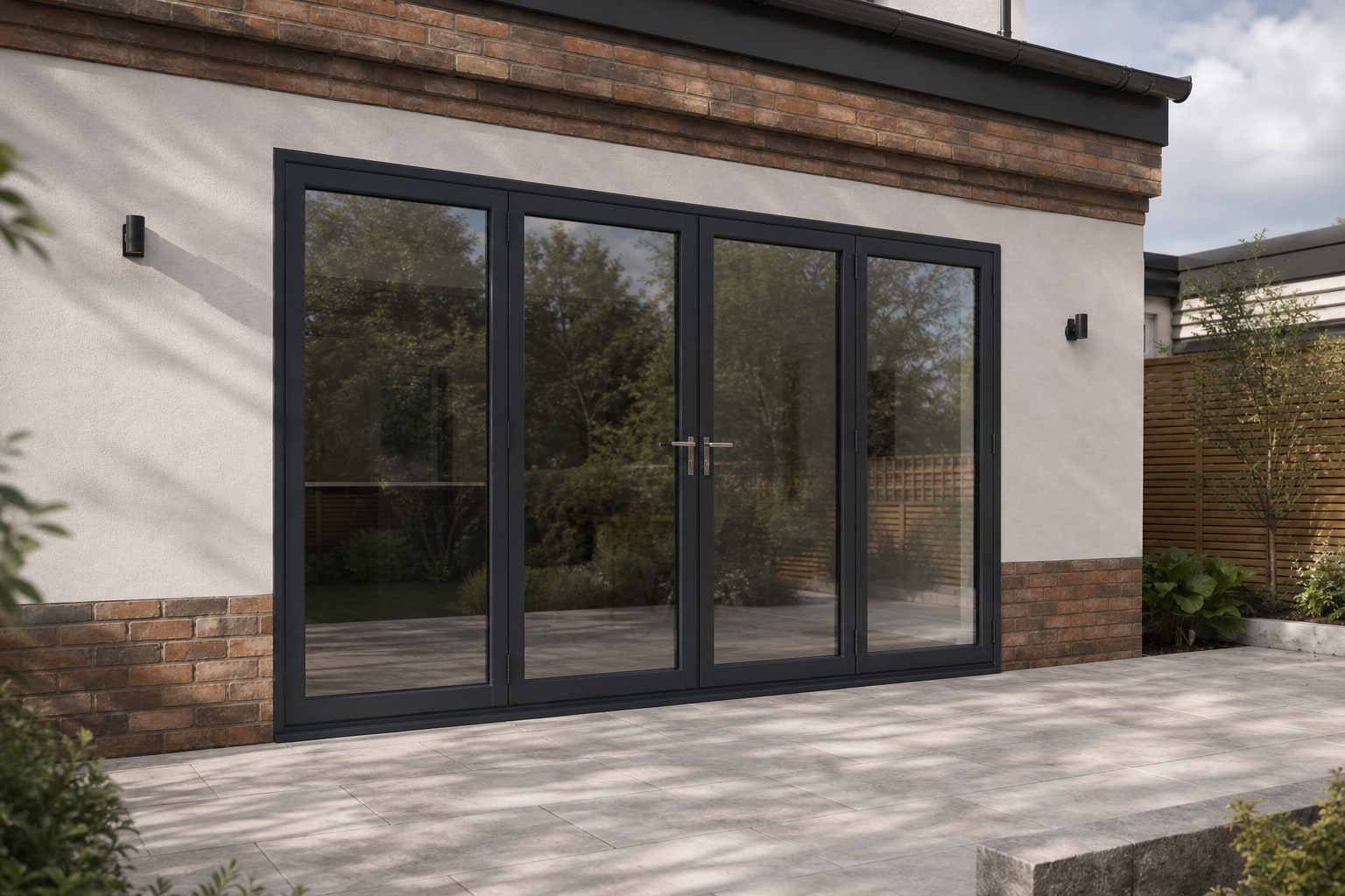 Closed anthracite bi-fold glazing reflecting the garden