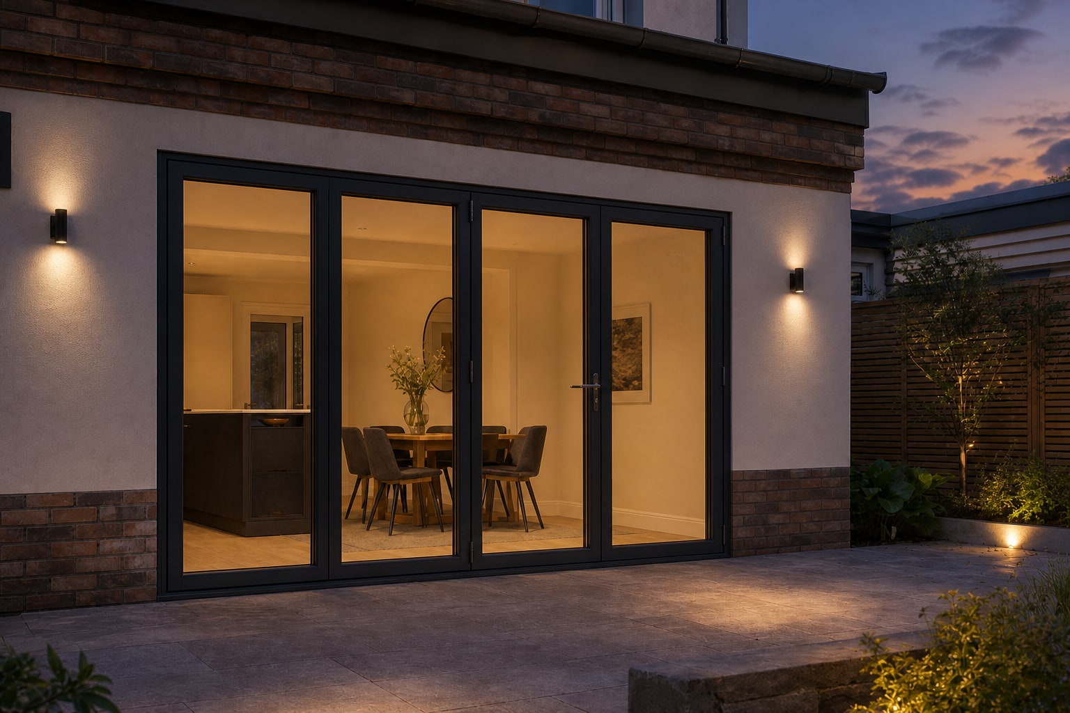 Dusk exterior with warm light through the bi-fold doors