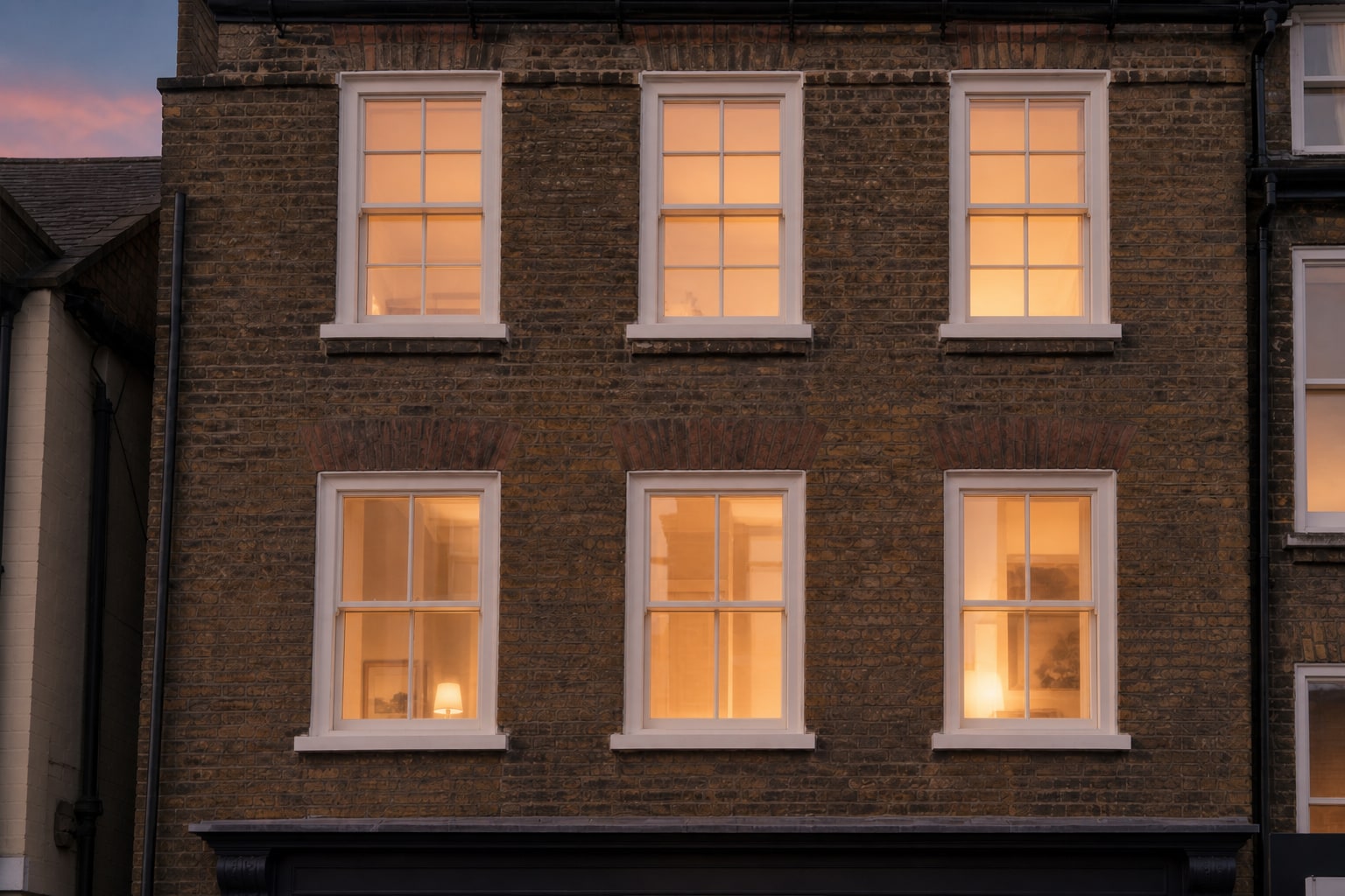 Dusk exterior with warm light through the sash windows