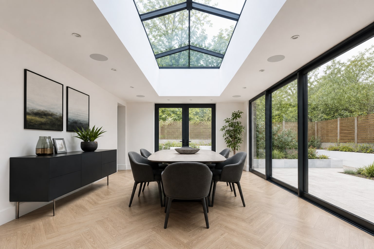 View from the living area toward the lantern and dining table