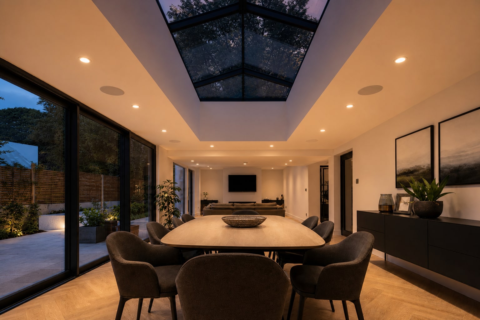 Dusk interior under the roof lantern with warm lighting