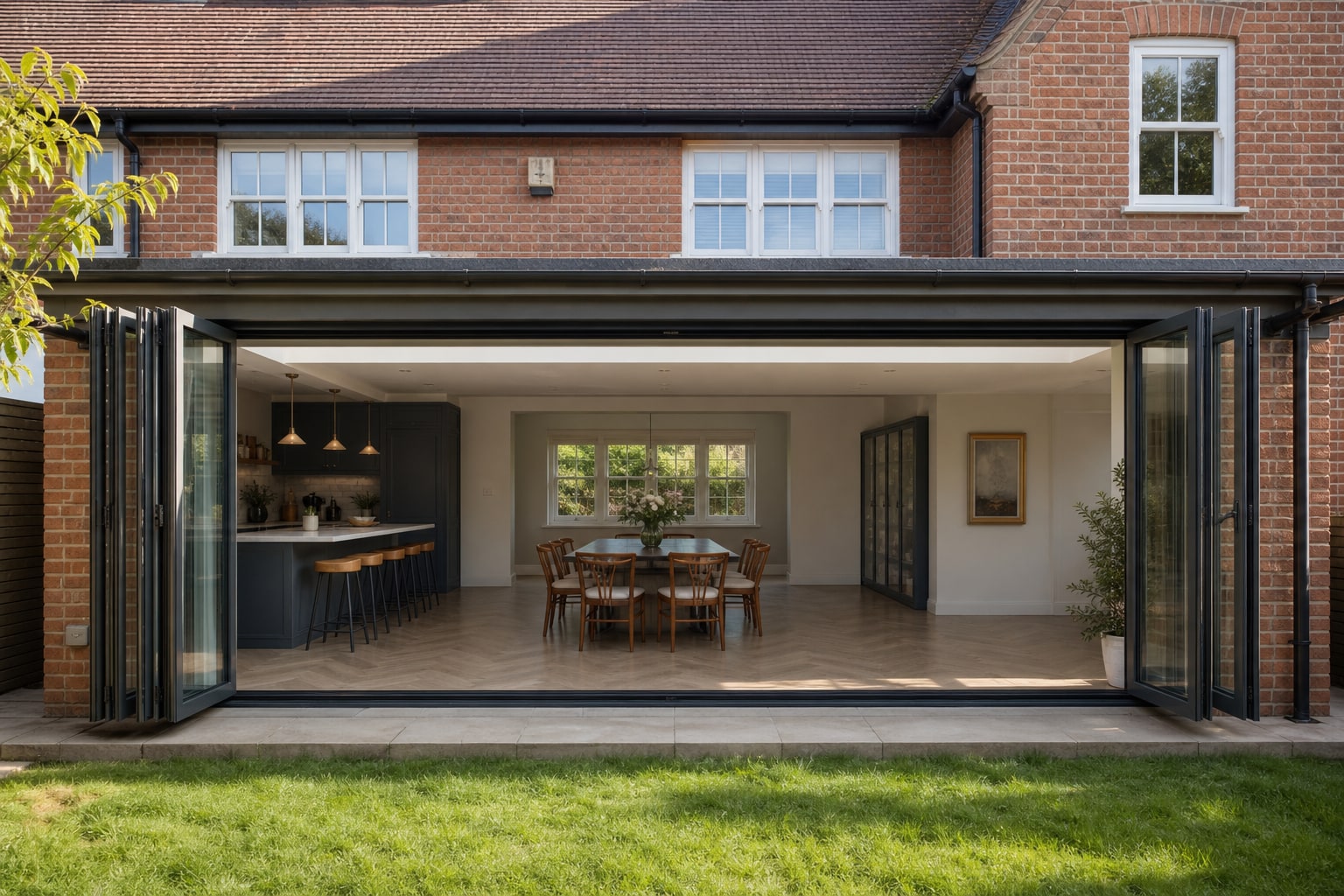 Anthracite bi-fold doors opening a Welwyn Garden City extension to the garden