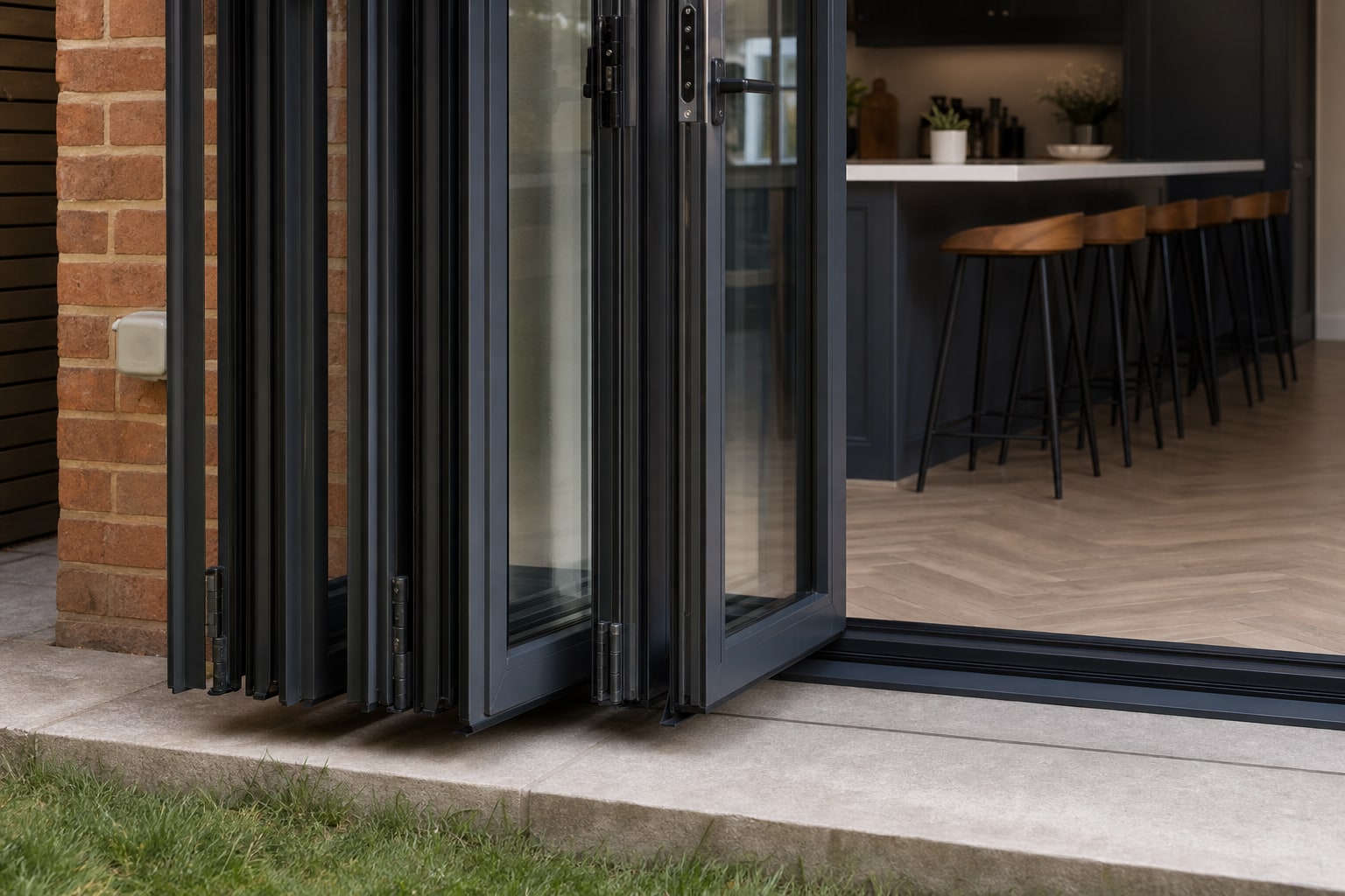 Bi-fold hinge and frame detail in anthracite aluminium