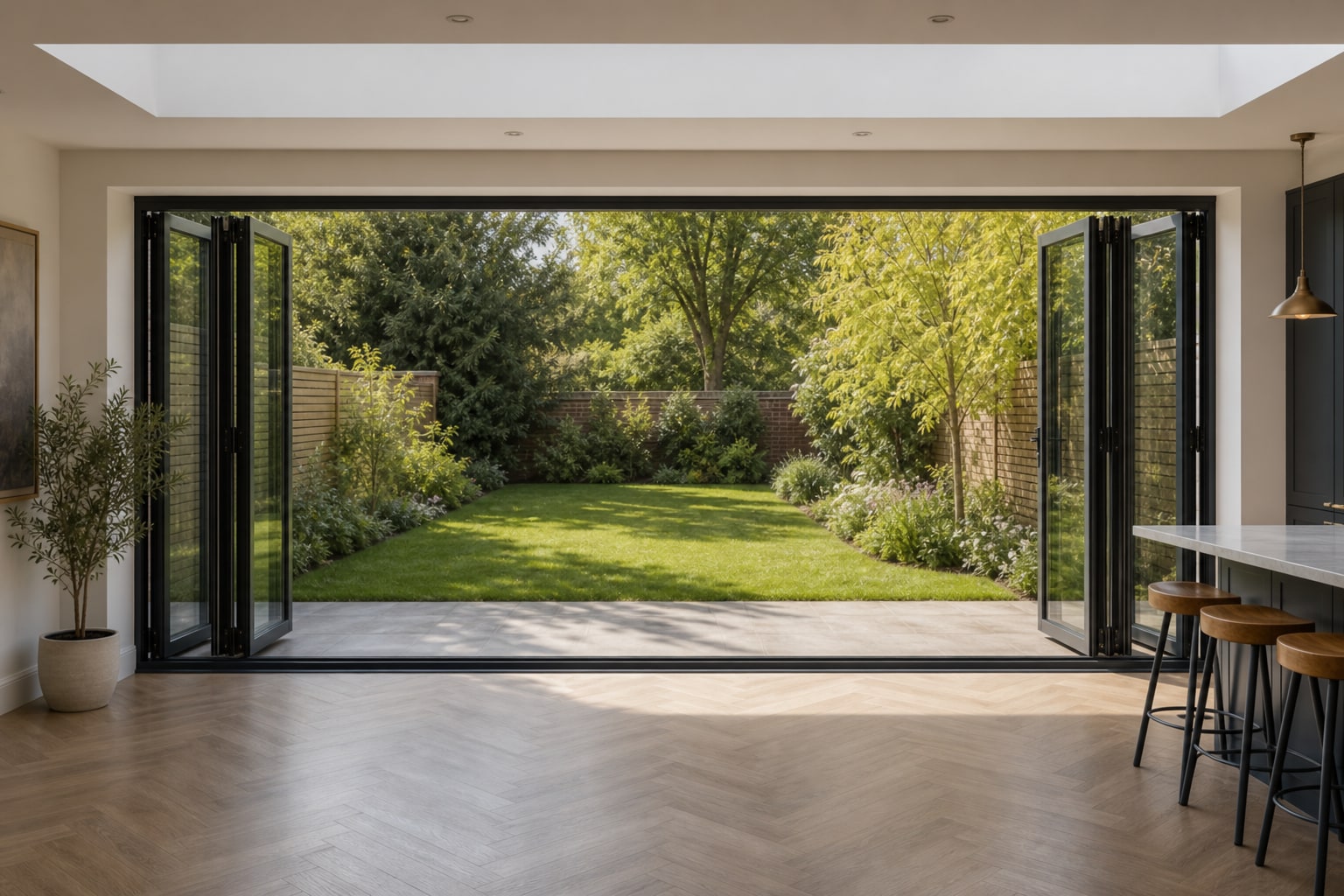 Interior view through open bi-folds toward the garden lawn