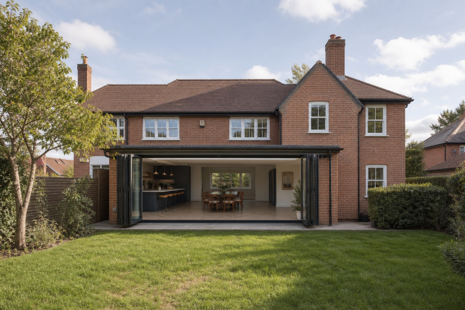 Wide rear elevation with bi-fold system on the red-brick home