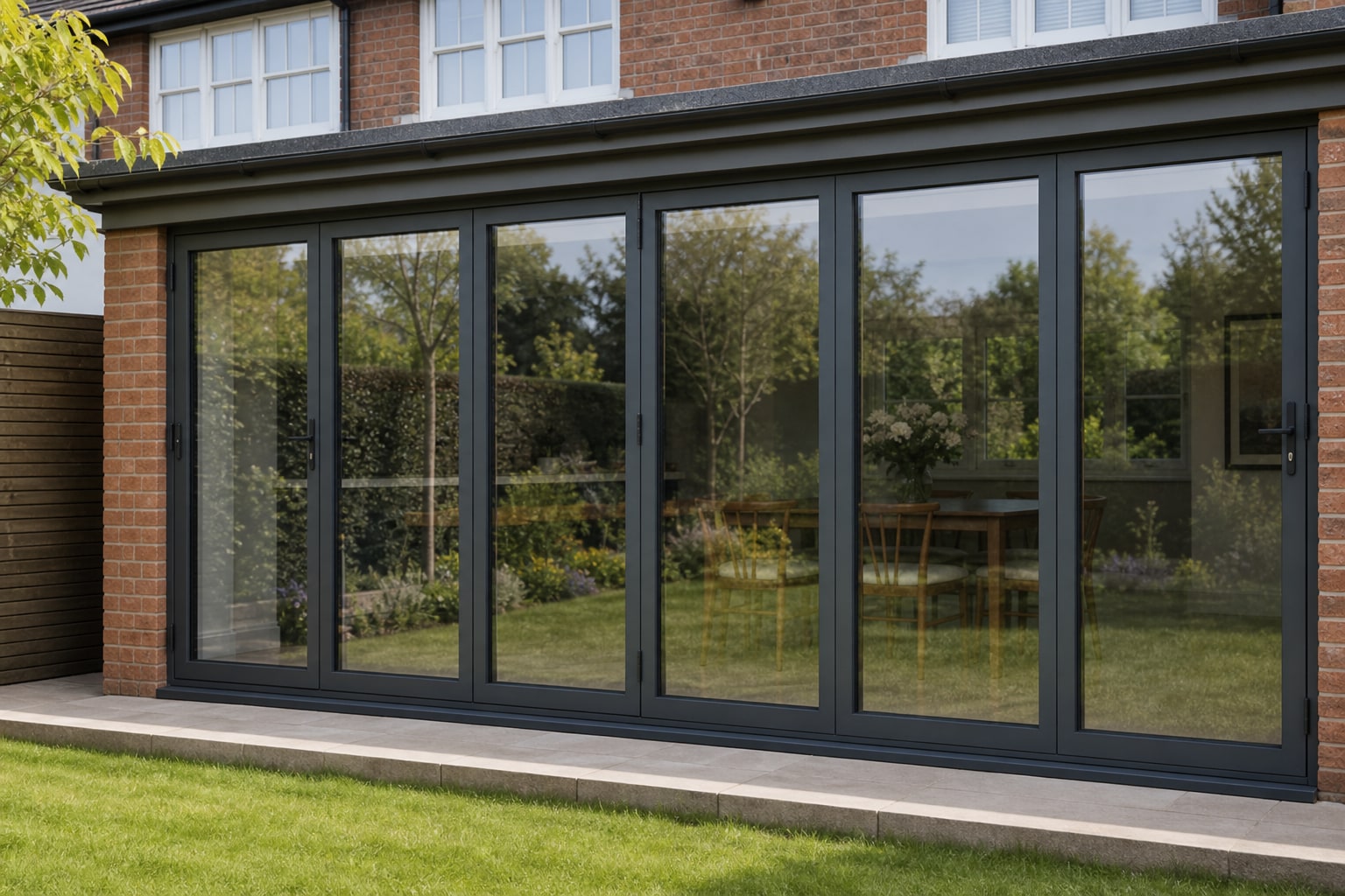 Closed bi-fold glazing panels across the rear elevation