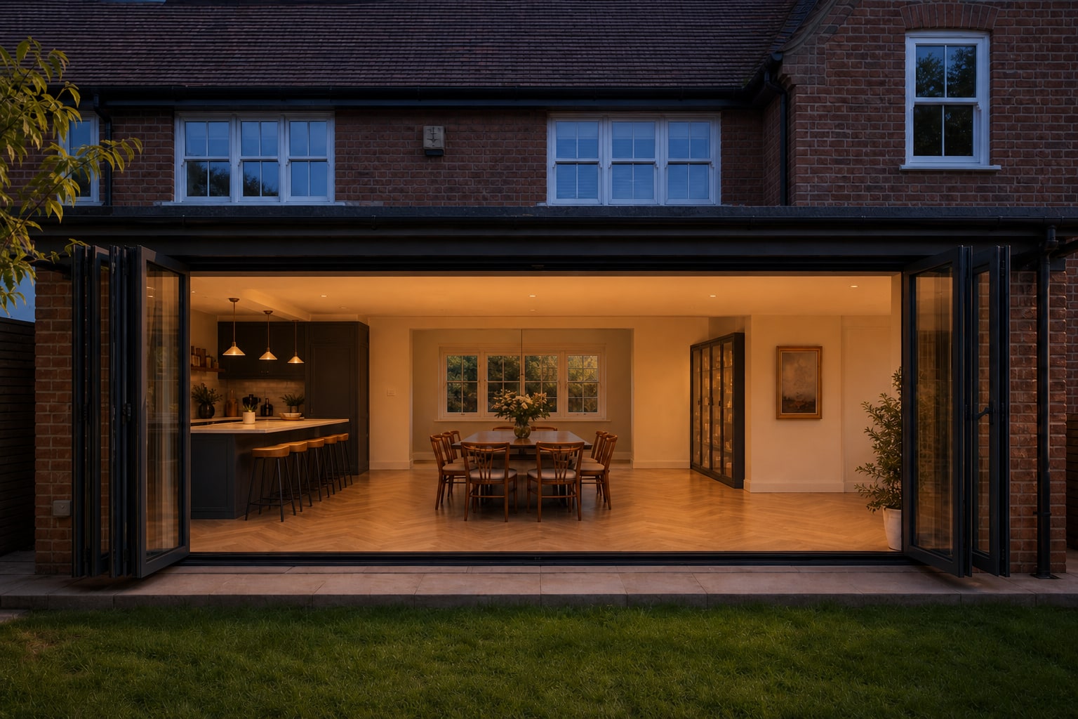 Evening glow through Welwyn bi-fold doors