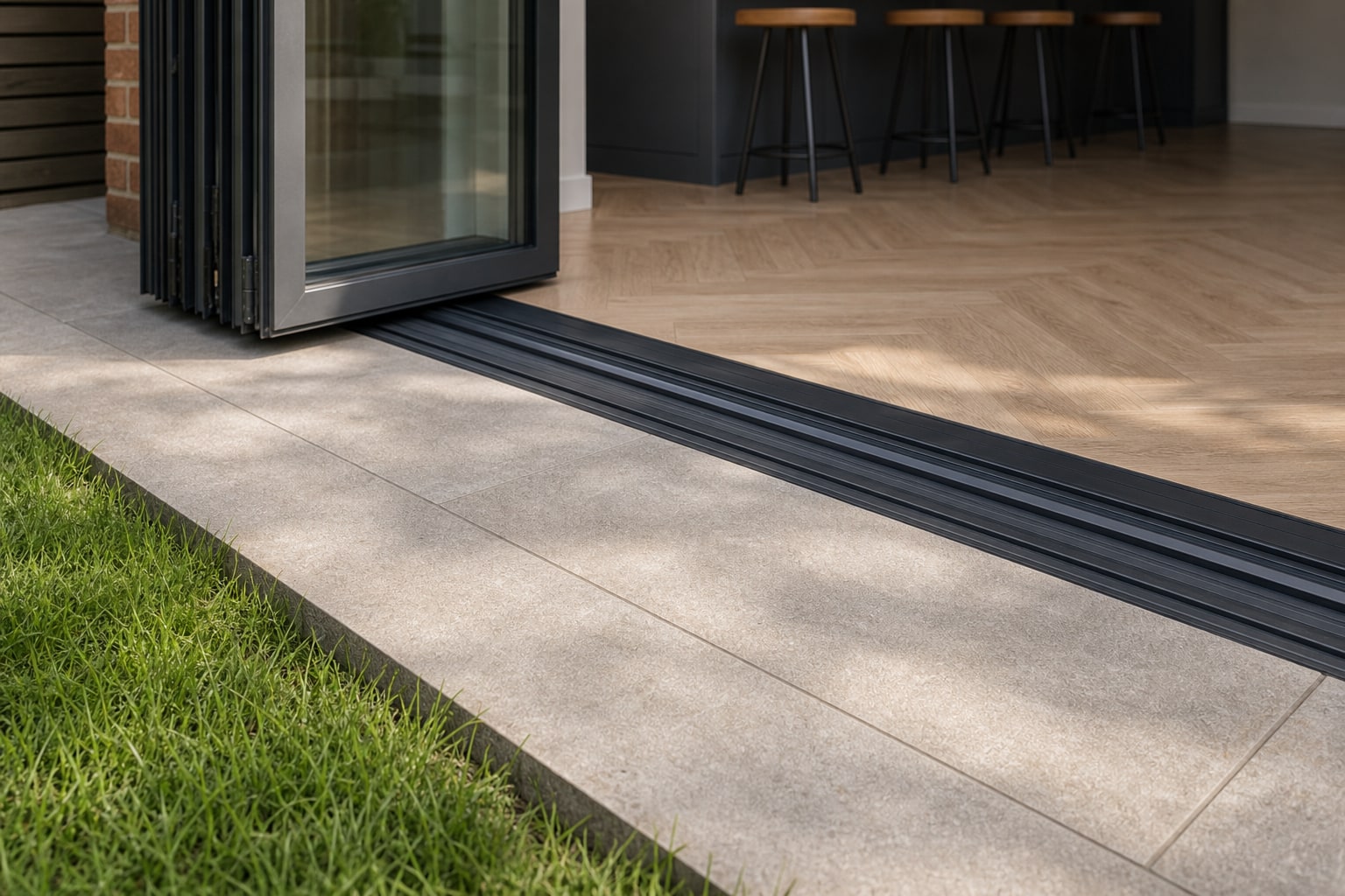 Flush threshold between herringbone floor and patio