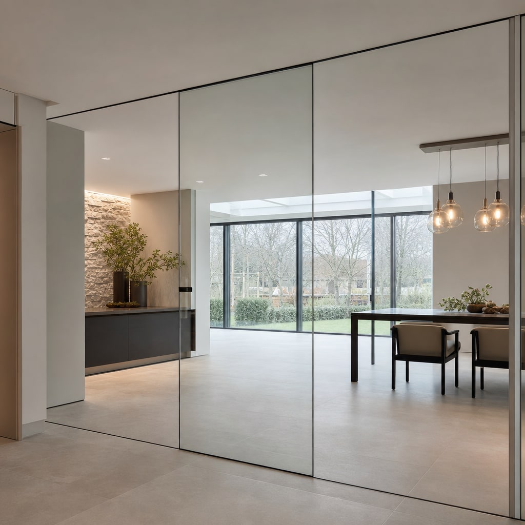 Frameless architectural glass partition in a Hertfordshire home