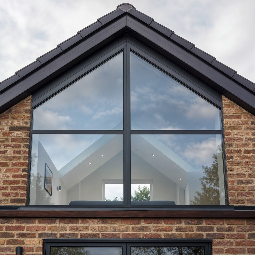 Triangular gable glass filling a Hertfordshire loft conversion apex