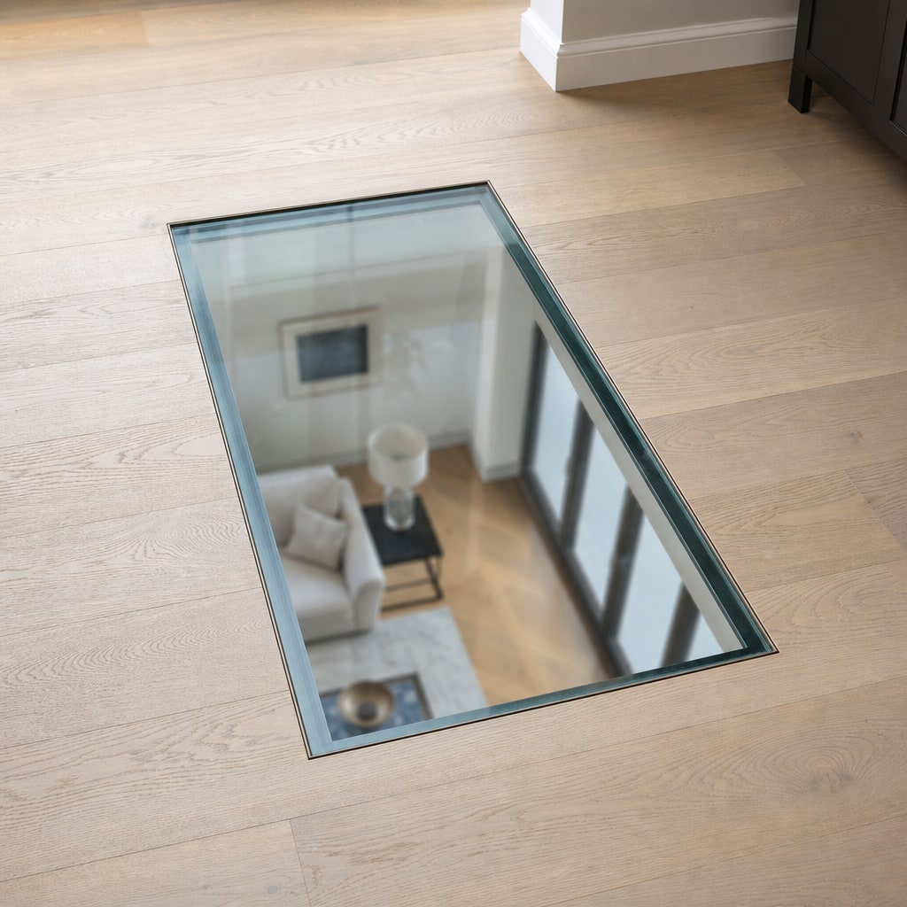 Flush walk-on glass floor cutout set into oak flooring above the room below